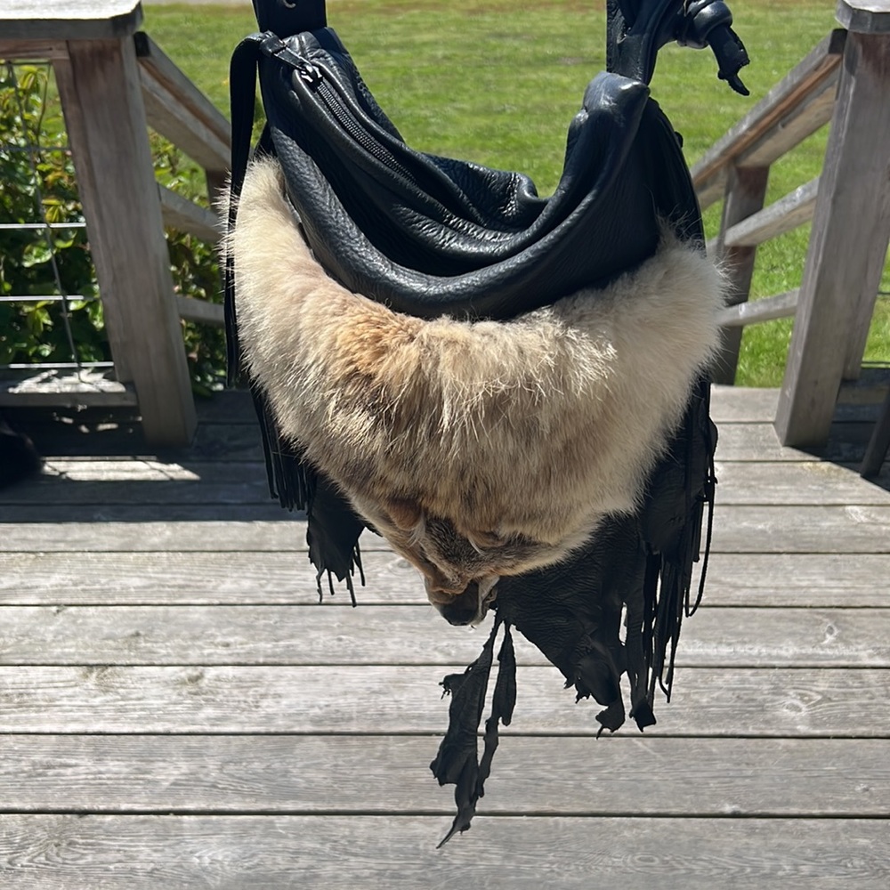 Genuine Fox Fur Leather Fringe Artisan Bag VTG 80s